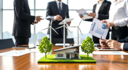 Green energy project meeting with house model and wind turbines on office table with team work