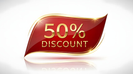 Premium 50% discount tag with golden border and reflection, perfect for sales and promotions