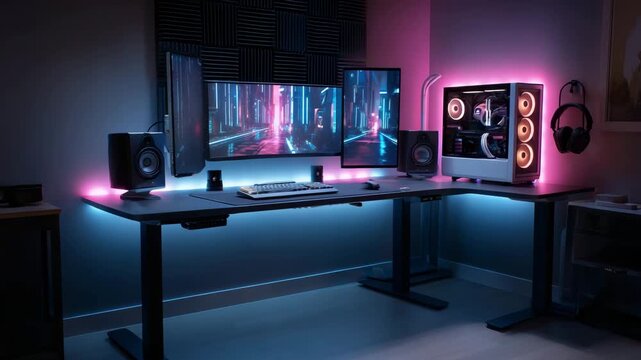 Modern gaming workstation with dual monitors and RGB PC in futuristic neon room