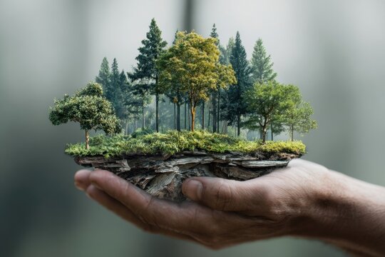Hand holding a miniature ecosystem with diverse trees and greenery representing ecosystem enablement services in a tranquil setting