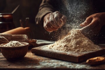 Bakers prepare flour on a wooden surface in a rustic kitchen during the morning light highlighting the baking process