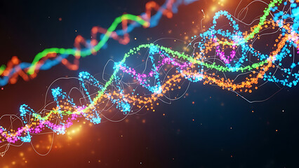 3d rendered illustration of a dna helix glowing with blue energy like a plasma ball sphere inside a microscopic biological cell