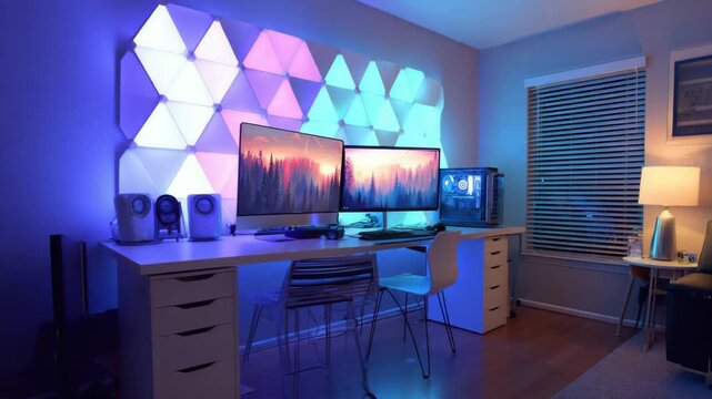 Modern dual monitor computer desk with RGB wall lighting in home office