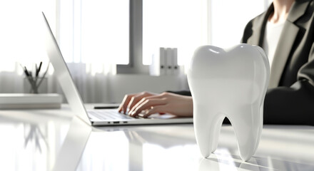 White tooth model on desk with dentist using laptop for dental care and insurance concept