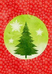 red christmas background with green tree in the center