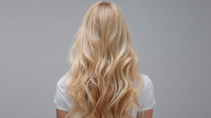Naklejka premium A person with long, wavy blonde hair is seen from behind, wearing a simple white shirt against a gray backdrop