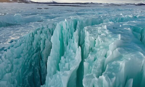 Aerial view of massive glacier ice crevasse with blue frozen formations in polar region