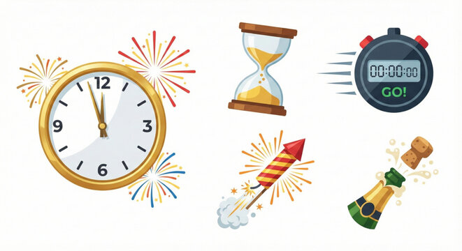 Exciting collection of vector illustrations for New Year's Eve and festive countdowns, featuring a midnight clock, vibrant fireworks, and a celebratory champagne bottle