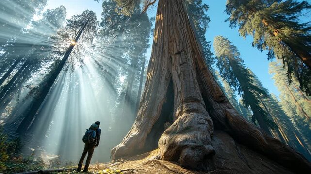 Ultra HD Hiker standing in awe before giant sequoia tree trunk with dramatic sun rays shining through the misty forest canopy video