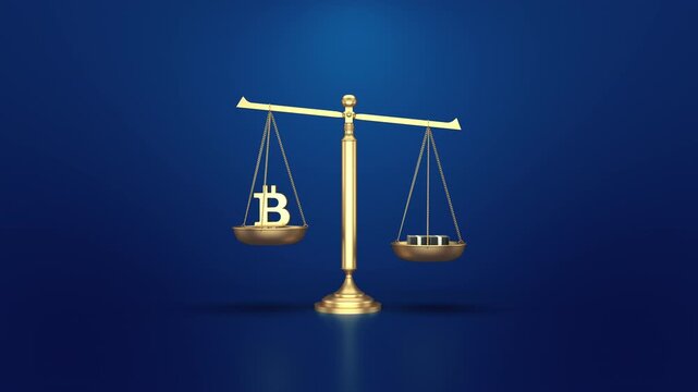 3D render seamless loop featuring a golden balance scale weighing dollars and a bitcoin symbol on a blue background.