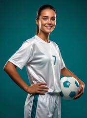 Confident young female soccer player in white uniform holding a ball, standing against dark cyan background