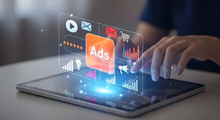 Illustration of hand interacting with a digital tablet displaying holographic icons related to online advertising, marketing, and social media promotion