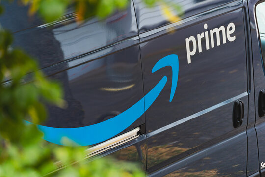 Amazon Prime delivery van with logo on the side