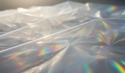 Colorful reflections dance across crumpled plastic surface in the soft sunlight