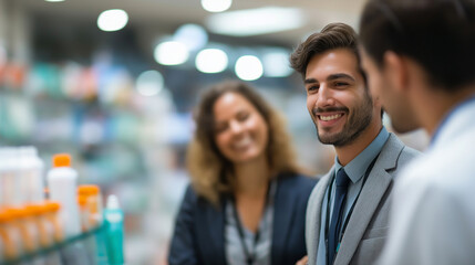 Faceless happy family talking to pharmacist in pharmacy heavily defocused drugstore background anonymous group with healthcare professional consultation medical retail