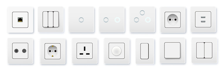Realistic socket and switch. Interior wall outlets or electric connectors. Switches and sockets set Different square types. Vector