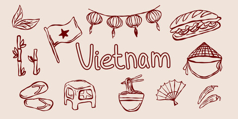 Hand drawn Vietnam travel elements set in doodle style. Collection of Vietnamese national flag, lanterns, street food, and noodles. Vector illustration.