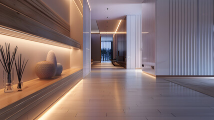 modern hallway with futuristic LED wall strip lighting, floating wooden shelves, sculptural decorative pieces, clean minimalist architecture, cinematic wide-angle shot