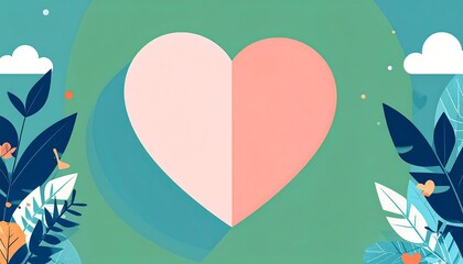 A whimsical, flat illustration of a heart in two colors surrounded by leafy foliage and clouds on a minty-green background