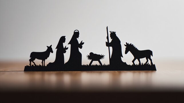 Minimal nativity silhouette cut from matte black metal, clean backdrop