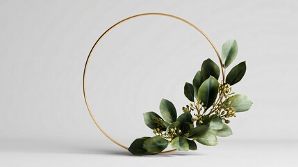 Minimal wall wreath made of thin gold hoop and small greenery cluster
