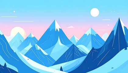 A stylized landscape with snow-capped mountains under a pastel sky, created with sharp lines and a cool color palette