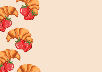 poster with French croissants and strawberries arranged randomly, for menus and various food designs	