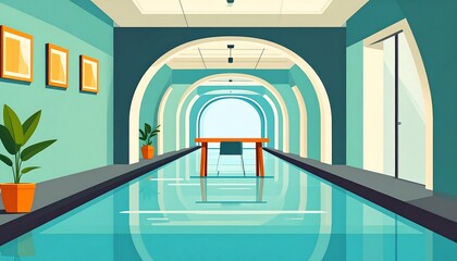 A long, stylized corridor filled with water, with a table and chair at the end, plants and framed art