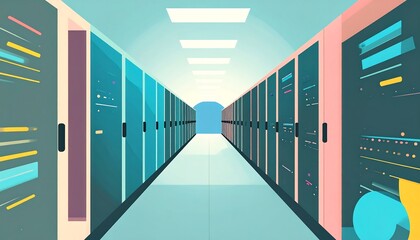 A long, brightly lit corridor lined with identical computer server racks fading into the distance