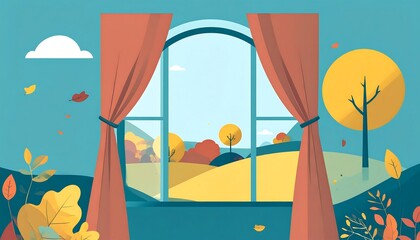 A window frames a serene autumn landscape with trees, rolling hills, and falling leaves in flat graphic style