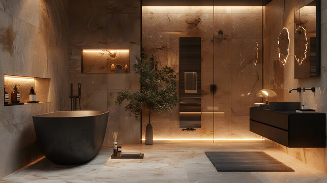 luxe modern bathroom with matte black fixtures, travertine stone walls, warm underlit glow, spa aesthetic, high-end hotel style, soft misty ambience, photorealistic