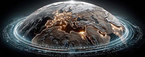 Global digital hologram of Earth with luminous rings and orbiting data lines
