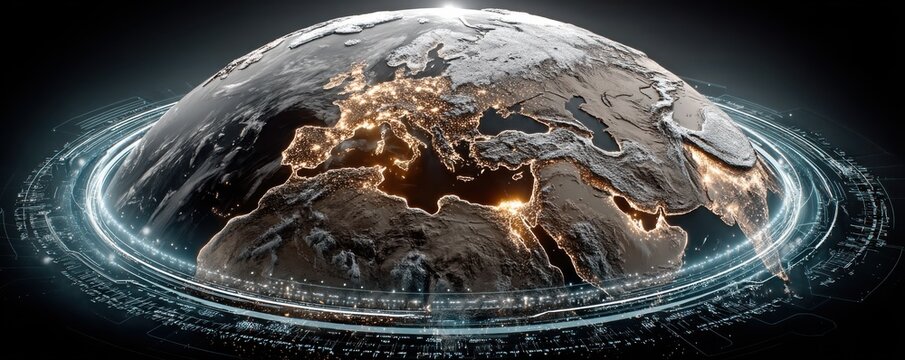 Global digital hologram of Earth with luminous rings and orbiting data lines - Powered by Adobe