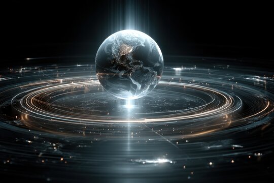 Global hologram of Earth floating in space with glowing light beams and circular rings - Powered by Adobe