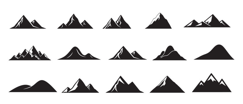 A large collection of various black mountain and hill silhouettes isolated on white background