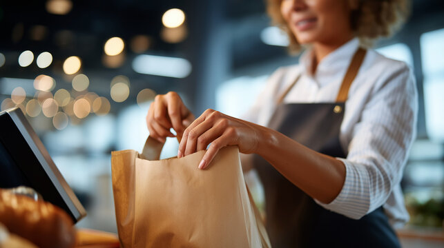 Faceless happy supermarket cashier packing goods in paper bag heavily defocused cash register background anonymous employee with customer service grocery checkout assistance