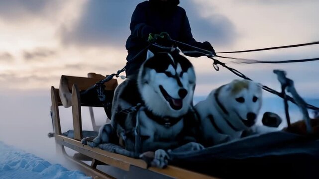 Sled dogs pulling musher through snowy arctic landscape at winter dawn
