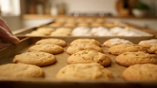Freshly baked cookies on baking sheets