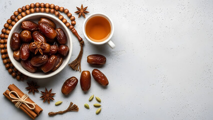 Overhead view of dates, spices, and tea for breaking fast | Traditional Iftar concept with organic Medjool dates and prayer beads | Ramadan Kareem background with sweet dates and aromatic chai