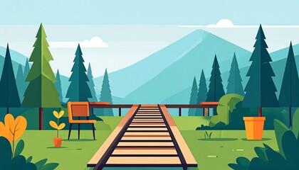 A flat, stylized landscape with a path, chair, trees, mountains, and clear sky, using simple shapes and colors