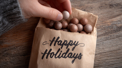 Hand Placing Candy into Kraft Paper Bag with Handwritten "Happy Holidays", Cozy Holiday Mood, Seasonal Treats, Festive Winter Celebration, Warm and Inviting Christmas Scene