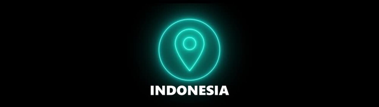 Neon Location Pin Icon with Indonesia Text on Black Background map marker navigation