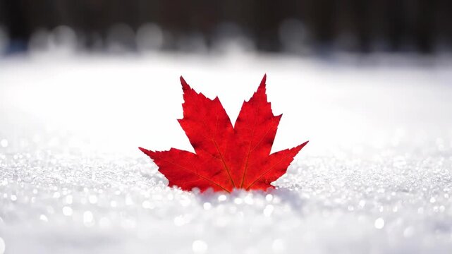 Red maple leaf on snow ground in winter