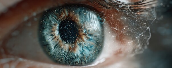 Close-up of an eye with digital technology revealing the iris and circuits in a futuristic concept
