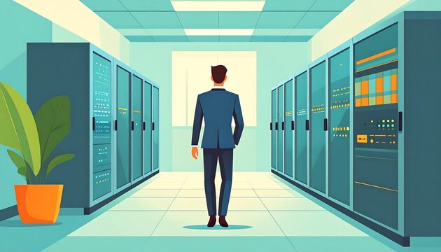 A man in a suit walks down a corridor lined with computer servers, light from a window in the background - Powered by Adobe