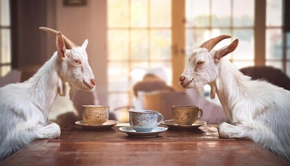 Two goats enjoying tea at a table