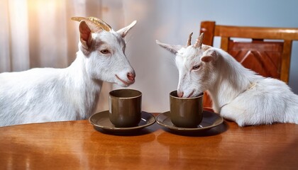 Two goats drinking from coffee cups