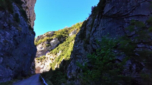 Driving through the Minchate gorge, Foz de Mintxate in Isaba, in the Roncal valley Navarra, Spain, Europe