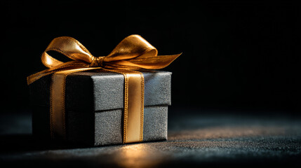 Luxury Gift Box with Golden Ribbon, Black Background, Dramatic High-Contrast Lighting, Elegant Holiday or Celebration Decoration, Premium Gift Presentation, Festive Concept