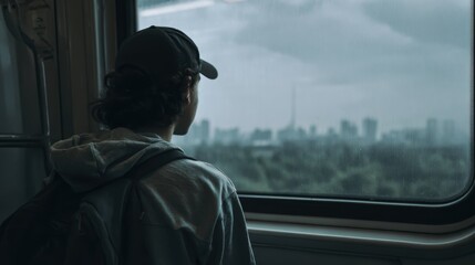 person sitting in a train, looking out the window